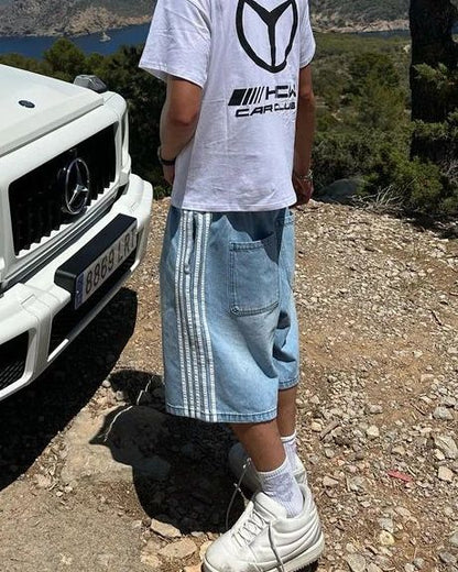 Y2K Denim Shorts Mens Womens HCW Striped Embroidery Retro Loose Summer Shorts Harajuku Hip Hop Casual Gym Shorts Streetwear New