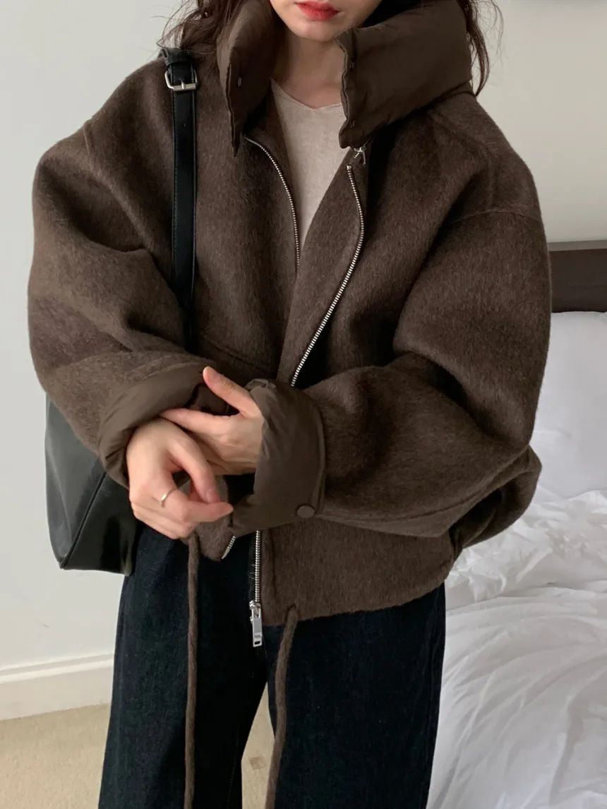 New Coats and Jackets Autumn Winter New Elegant Hooded Detachable Lace Up Short Woolen Coat Korean Fashion Casual Loose Jackets