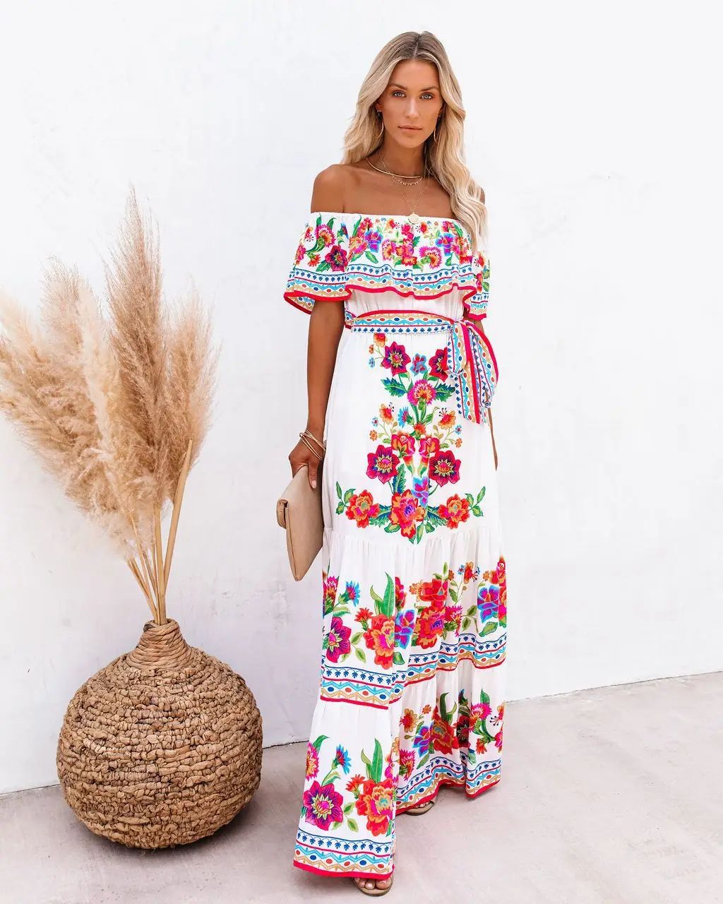 2024 Spring Summer New Independent Stand Amazon Off-shoulder Red Flower Printing Long Dress Oversized Wide Hemline Sleeveless
