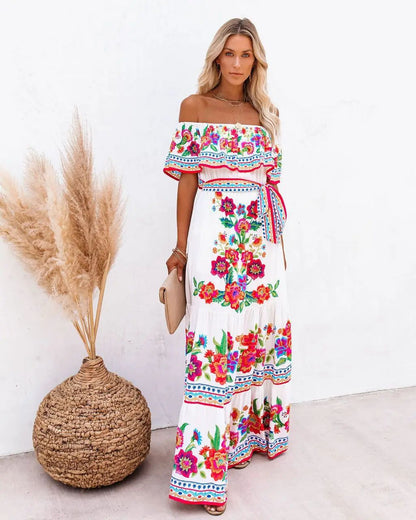 2024 Spring Summer New Independent Stand Amazon Off-shoulder Red Flower Printing Long Dress Oversized Wide Hemline Sleeveless