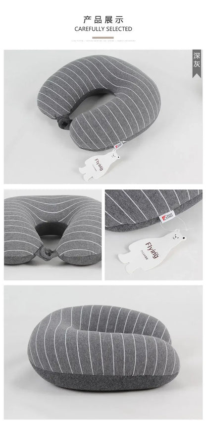 Memory Foam U-Shaped Travel Neck Pillow with Cooling Stripe Design - Cotton Linen Pillowcase for Airplane, Office & Home Support