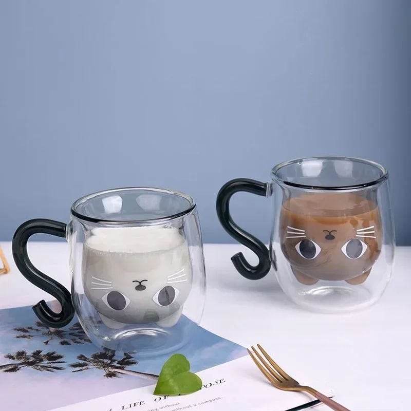Copo de Vidro de Parede Dupla Gato Criativo 250ml com Alça Copo de Café Fofo Caneca Resistente ao Calor Utensílio de Cozinha para Escritório