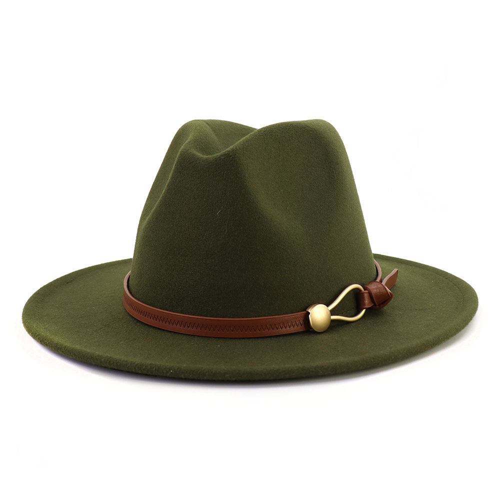 New Brown Belt Buckle Jazz Fedora Hat Autumn Winter Women Men Party Church Top Hat Wide Brim Sun Hat Felt Panama Cap