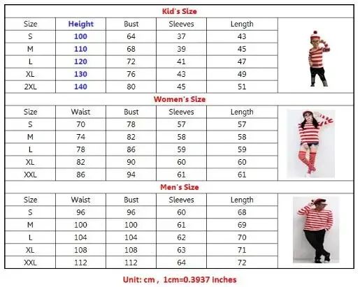 Wheres Waldo Striped Shirt Youth Boys Wally Costume Shirt Glasses and Hat Socks Unisex Adults Carnival Cosplay Costume