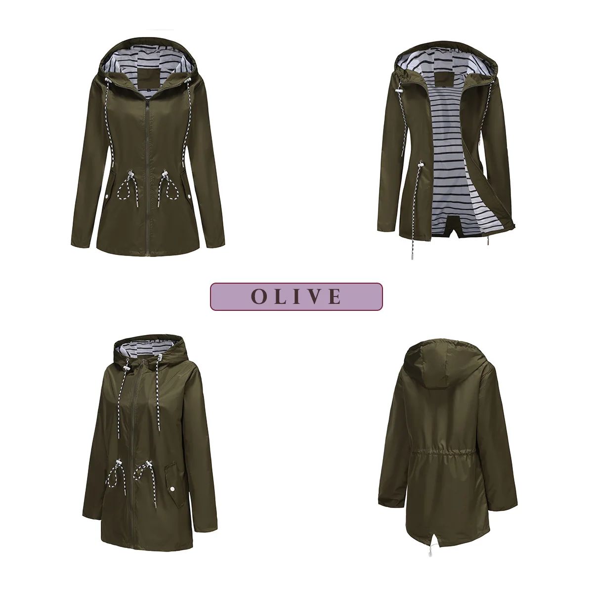 Blue Waterproof Hooded Jacket Women Fashion Casual Coat Waist Drawstring Tie Zipper Switch Red Green Yellow Black Windbreaker