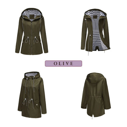 Blue Waterproof Hooded Jacket Women Fashion Casual Coat Waist Drawstring Tie Zipper Switch Red Green Yellow Black Windbreaker