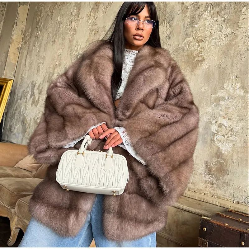 Women Patchwork Faux Fur Coat Elegant Contrast Full Sleeve Lapel Loose Long Staple Plush Jacket Winter High Street Outerwears
