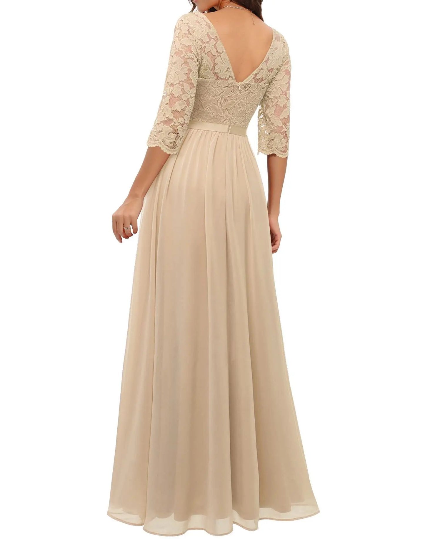 New 6-Color 5-Size Lace Splicing Long Waist-Cinching Elegant Dress Floor-Length V-Neck Polyester Fiber Evening Gown Dress
