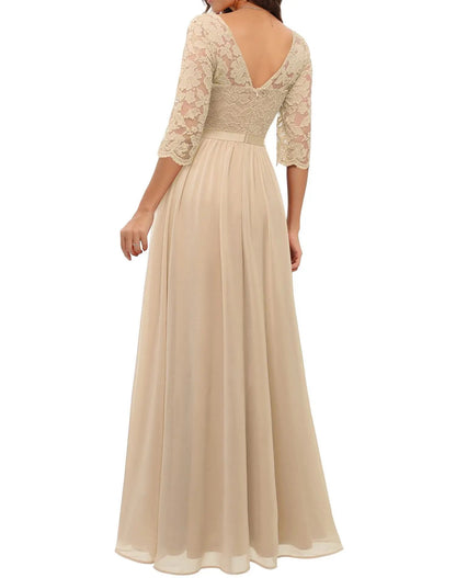 New 6-Color 5-Size Lace Splicing Long Waist-Cinching Elegant Dress Floor-Length V-Neck Polyester Fiber Evening Gown Dress