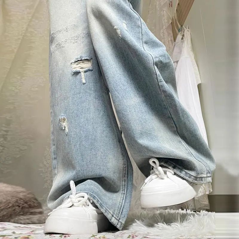 High Waist Wide Leg Straight Cut Jeans Women's Light Wear Distressed Design plus Size Pear Shape Hole Denim Pants