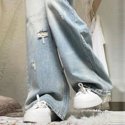 High Waist Wide Leg Straight Cut Jeans Women's Light Wear Distressed Design plus Size Pear Shape Hole Denim Pants