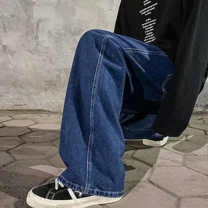 Calça Jeans Masculina Reta Azul Cinza Solta Y2K com Cordão Streetwear Casual Larga de Sarja Masculina Larga Estilosa Harajuku