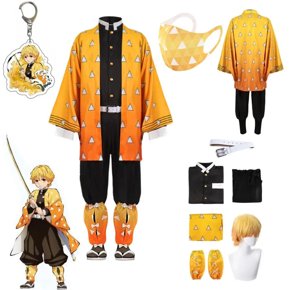 Anime Demon Moordenaar Kimetsu No Yaiba Agatsuma Zenitsu Cosplay  tuum Pruik Vrouwen Kimono Uniform Halloween Kerstfeest Kleding