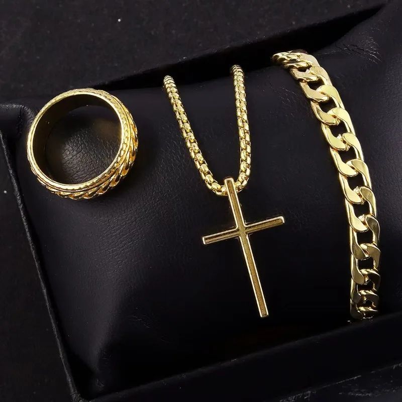 Conjunto 3 Peças Masculino de Aço Inoxidável Colar com Pingente de Cruz, Pulseira e Anel Joias Masculinas Acessórios Hip Hop para Uso Diário
