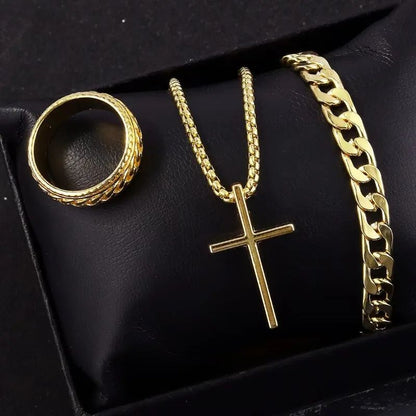 Conjunto 3 Peças Masculino de Aço Inoxidável Colar com Pingente de Cruz, Pulseira e Anel Joias Masculinas Acessórios Hip Hop para Uso Diário