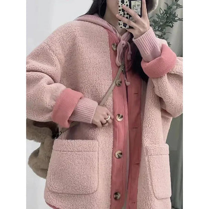 2024 Winter New Women's Lamb Wool Jacket Petite Loose-Fit Thickened Integrated Deer Skin Fleece Medium-Length Korean Style