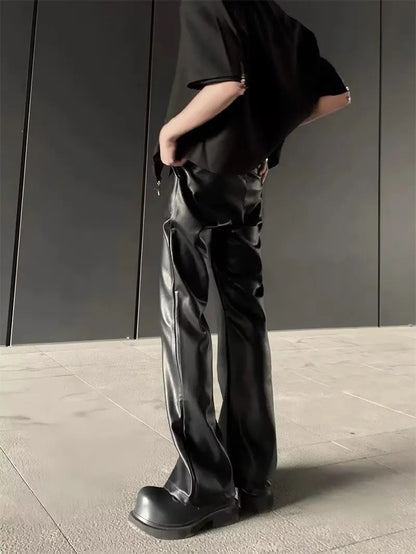 American Retro High-End PU Leather Casual Pants Men's Niche Design Loose Wide Leg Versatile Long Trousers
