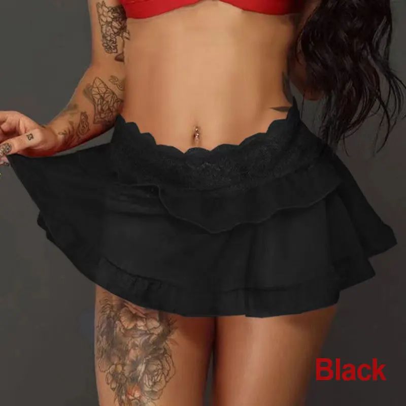 Casual Above Knee Black Miniskirt Summer Dance Short Skirts Ultra Mini Sexy Skirt for Women Lace Ruffle Skirt Party Club Wear