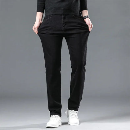Calça Jeans Masculina Forrada de Lã para Inverno, Reta, Elástica, Preta, de Veludo Grosso, Quente, Casual, Masculina, Tamanhos Grandes