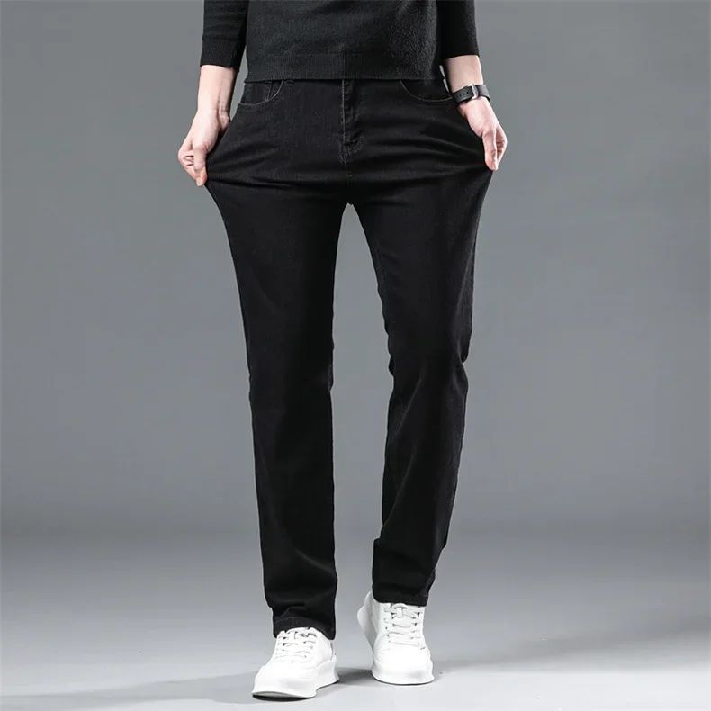 Calça Jeans Masculina Forrada de Lã para Inverno, Reta, Elástica, Preta, de Veludo Grosso, Quente, Casual, Masculina, Tamanhos Grandes