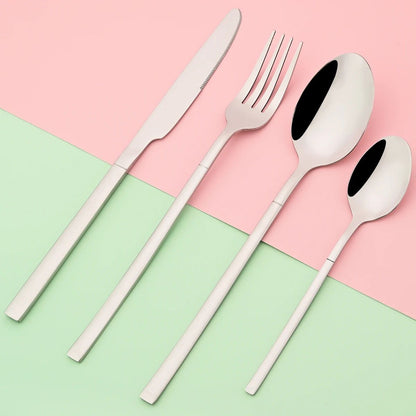 Conjunto de Talheres Ocidentais Dourados de 4 Peças em Aço Inoxidável Garfo Faca Colher de Café Conjunto de Louça Talheres de Cozinha Preteto Prateado