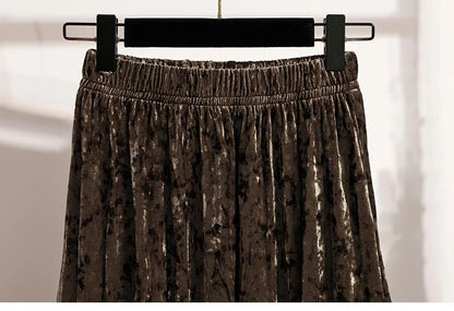 Autumn Winter Girls New A-line Velvet Skirt 2025 Plus Size Gold Velvet Half Pleated Skirt Solid Versatile High Waist Mid Skirt