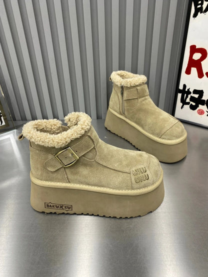 2024 New Fur Platform Women Ankle Boots Flats Suede Warm Shoes Woman Trend Designer Brand Short Plush Cozy Femme Snow Botas