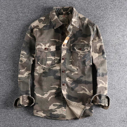 Men's Double Pocket Long Sleeve Shirts Camouflage Cargo Shirts High Quality 100% Cotton Outdoor Hiking Sports Casual Shirts
