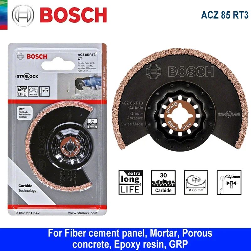 Lâmina de serra oscilante Bosch Starlock ACZ 85 RT3 de metal duro para argamassa + lâminas abrasivas para acessórios de renovação de betão e painéis de cimento