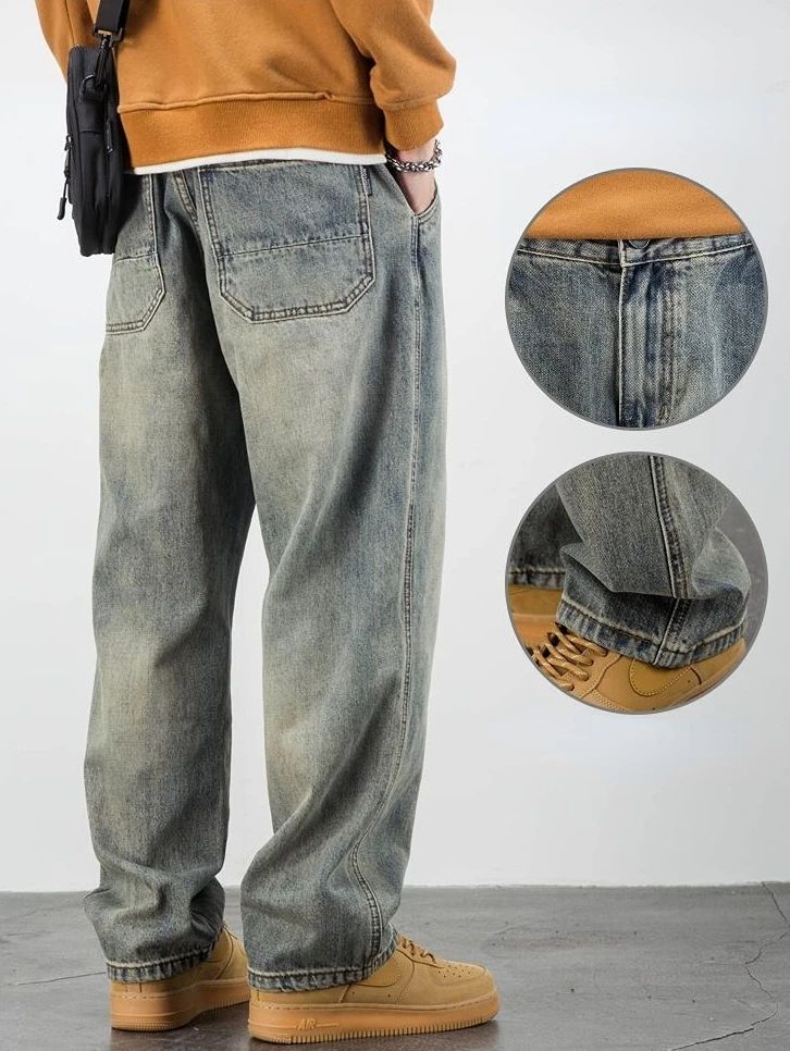 Calça Jeans Masculina Retrô Cargo Reta Cowboy Punk Lavada Grife Luxuosa Tendência 2025 Y2k Vintage Estilo Coreano Larga