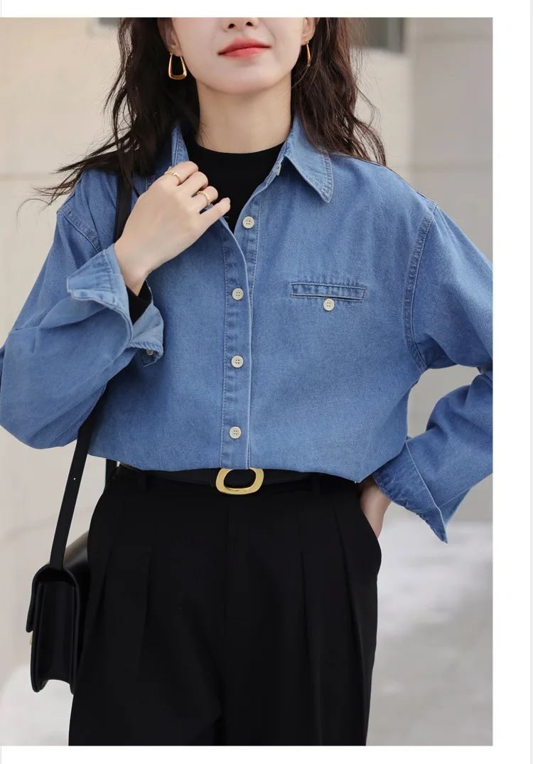 2024 New Vintage Loose-Fit Denim Shirt Women's Petite Top Commuter Jacket Fashionable Through-The-Year Style