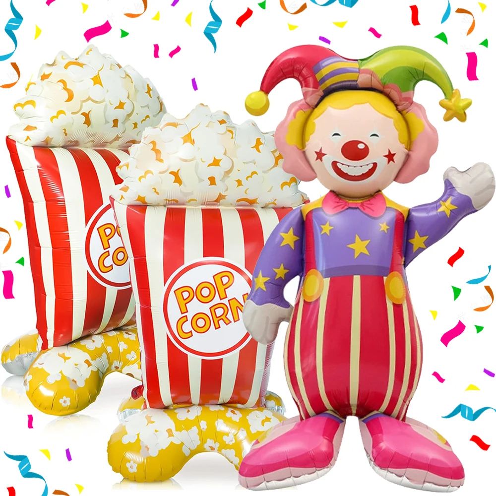 Giant Standing Popcorn Balloon Smiling Clown Foil Balloon for Circus Carnival Theme Party Birthday Christmas Decoration Supplies