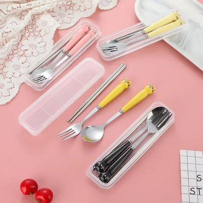 Talheres Portáteis de Desenho Animado com Estojo Utensílios de Cozinha Reutilizáveis Talheres Incluem Garfo Colher para Crianças