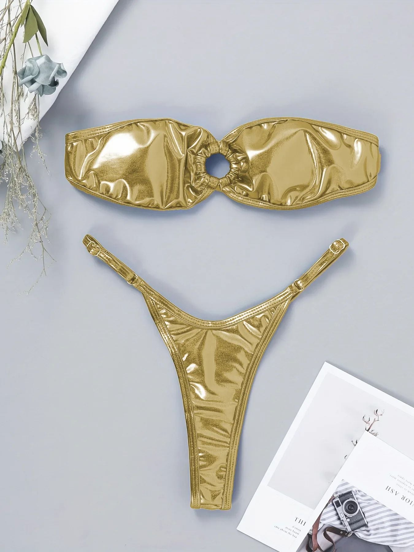 Sexy Bandeau Bikini 2025 Women Gold Black Metal Ring Linked Hollow Out Push Up Micro Swimsuit Shiny Bathing Suit Thong Swimwear