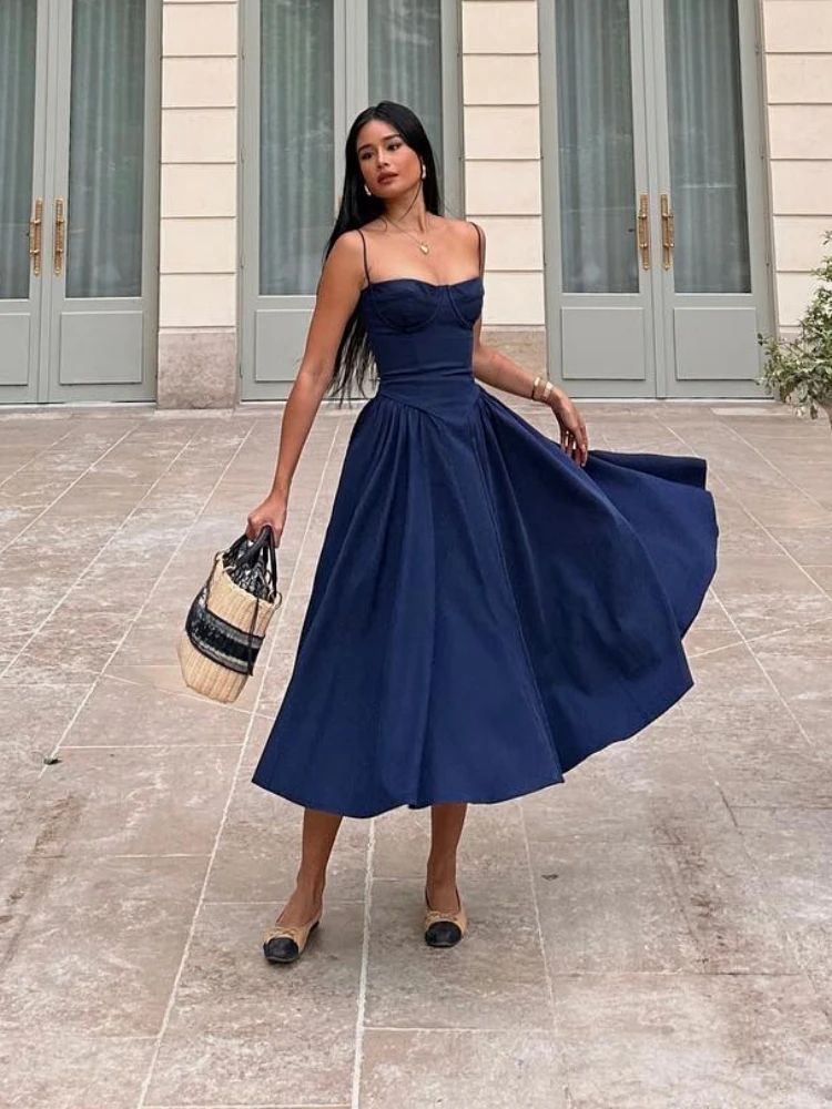 Suninheart Elegant Spaghetti Strap Midi Dress Slim A Line Party Dresses Navy Blu