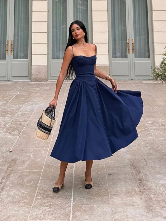 Suninheart Elegant Spaghetti Strap Midi Dress Slim A Line Party Dresses Navy Blu