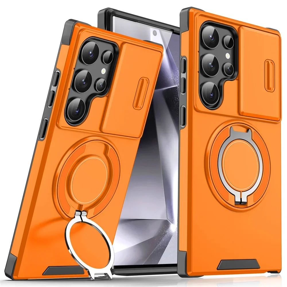 Capa Armor com Suporte Magnético para Samsung S25 S24 S22 S21 S23 S20 Ultra Plus FE com Proteção de Câmera Deslizante e Antichoque