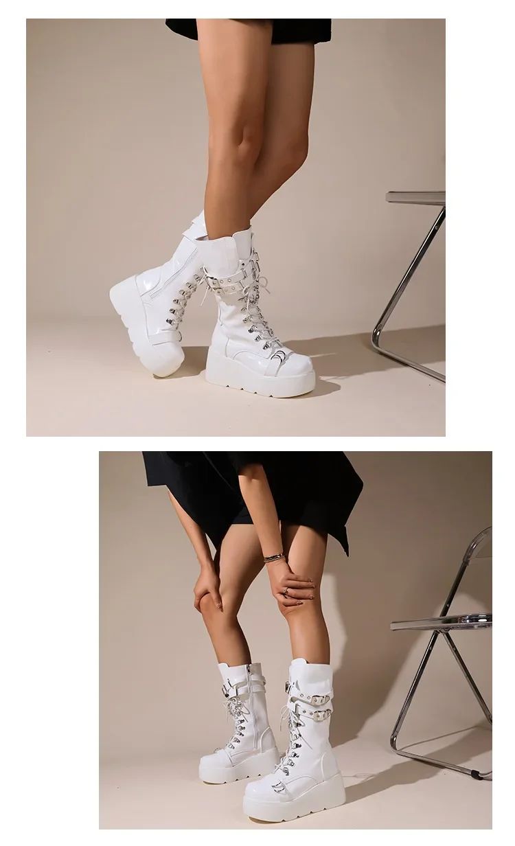 Platform Boots Riveted Buckle Wedges High Women's Boots Punk Spice Chic Biker Rider Boots