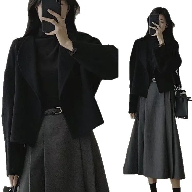Hebe Style Short Thickened Double-Faced Cashmere Woolen Coat Women's Autumn Winter Fashion Small Size Suit Elegant Feel