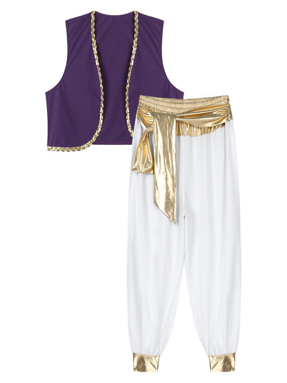 Aladin Costume Men Arabian Prince Cosplay Dress Up Waistcoat Top Harem Pants Suit Halloween Theme Party Carnival Stage Outfits