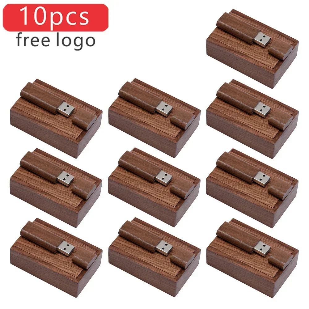 10PCS/LOT Wooden USB Flash Drive 128GB Pen Drive 64GB 32GB 4GB Memory Stick Wooden Box Free Custom Logo Creative Business Gifts