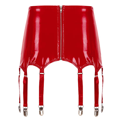 Womens Garters Latex Skirts Ladies Suspender Belt Wet Look Patent Leather Mini Skirts Garters with Metal Clips Clubwear Costume