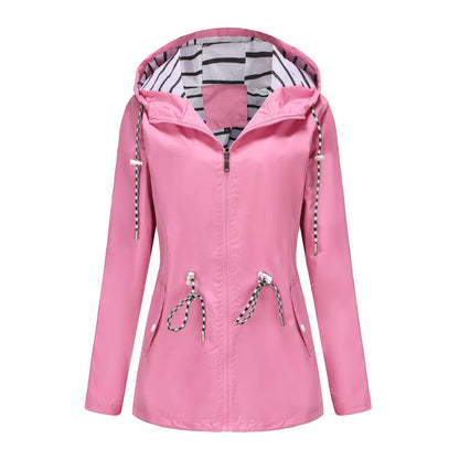 Blue Waterproof Hooded Jacket Women Fashion Casual Coat Waist Drawstring Tie Zipper Switch Red Green Yellow Black Windbreaker