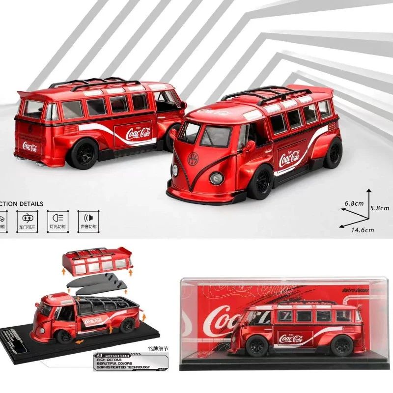 1:32 T1 Ônibus Modelo Som Luz Crianças Menino Brinquedo Veículo Colecionável Decoração de Casa Metal Miniatura Voiture