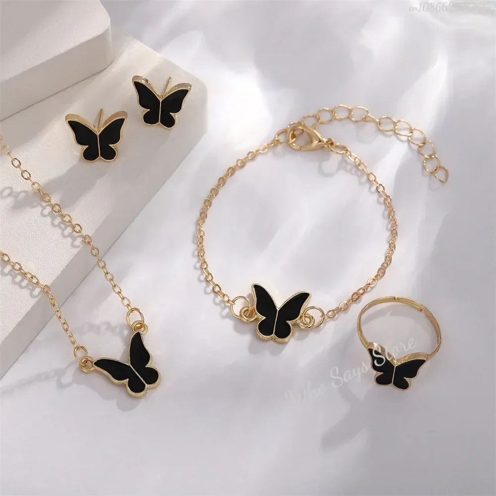 Conjuntos de Joias de Borboleta com Cristal Acrílico Romântico Pulseira Anel Colar Brinco Conjunto para Mulheres Acessórios de Vestido de Jantar de Casamento