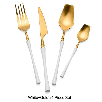 Conjunto de Talheres 24 Peças Aço Inox Fosco Preto Dourado Jogo de Talheres de Mesa Faca Colher Garfo Lavável em Lava-louças