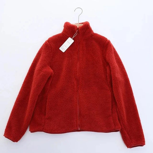 Women's Solid Color Fleece Coat Autumn Winter Warm Zipper Hoodie Loose Stand Collar Jacket Fashion Casual Elegant Ladies Clothes