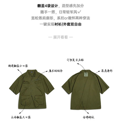 Maden Summer Vintage Four Pockets Short Sleeve Shirts for Men Cotton Green Loose Turn-down Collar Shirt Cargo Tops Male XL XXL