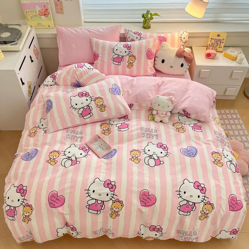 Capa de Edredom Kuromi Melody Desenho Animado Hello Kitty Cinnamoroll Conjunto de Cama Infantil Dormitório Estudantil Capa de Edredom Fofa Decoração de Quarto