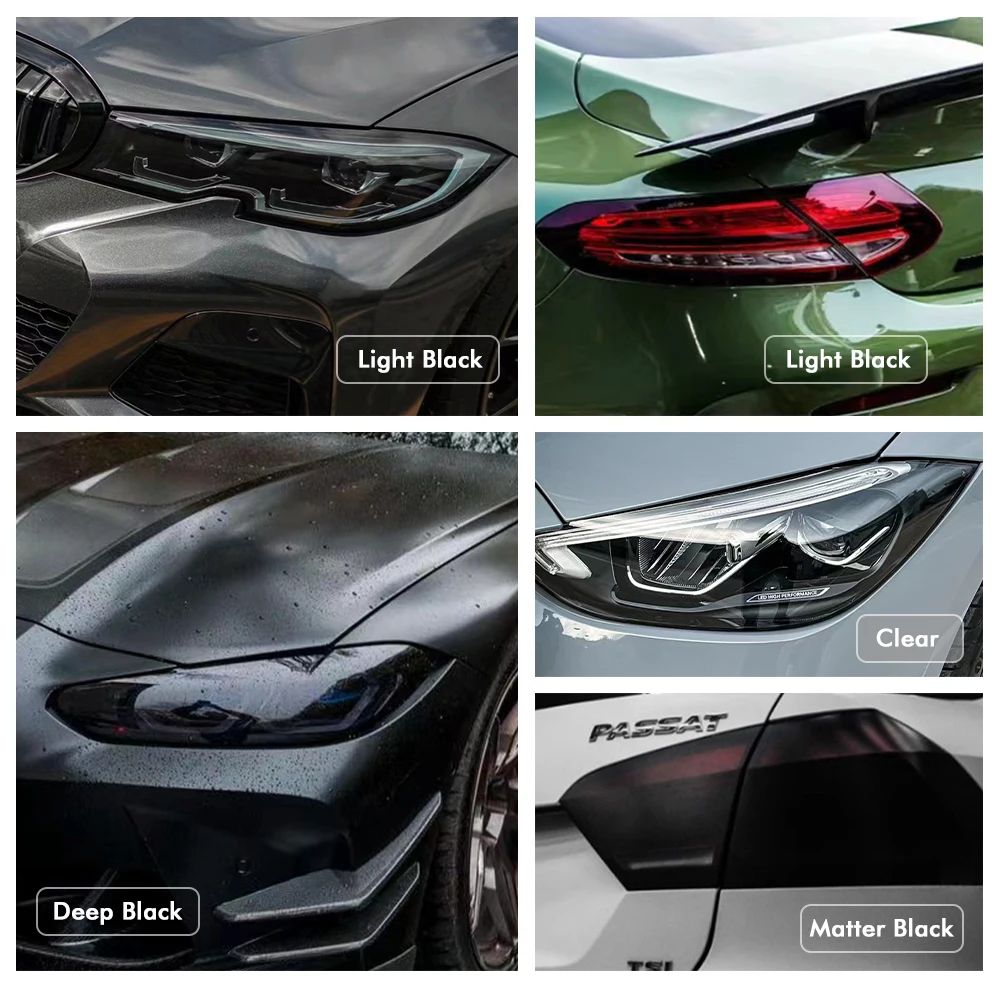 Película de vinil fumê preta brilhante transparente à prova d'água para faróis, lanternas, película de proteção para carros